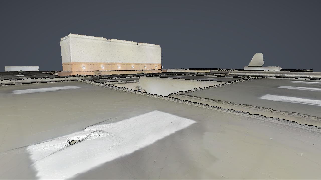 Point cloud rendered as photoreal Gaussian surfels blending into smooth surfaces