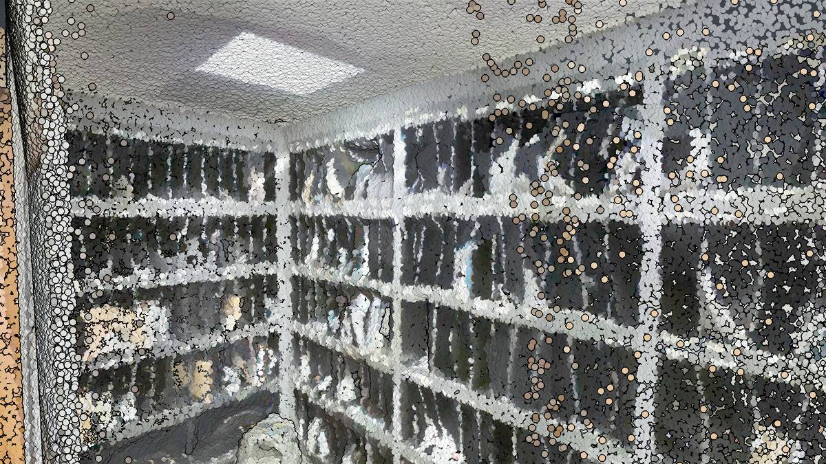 Interior view of an archive room in a laser scan, shelving racks rendered as eye-dome-lit points