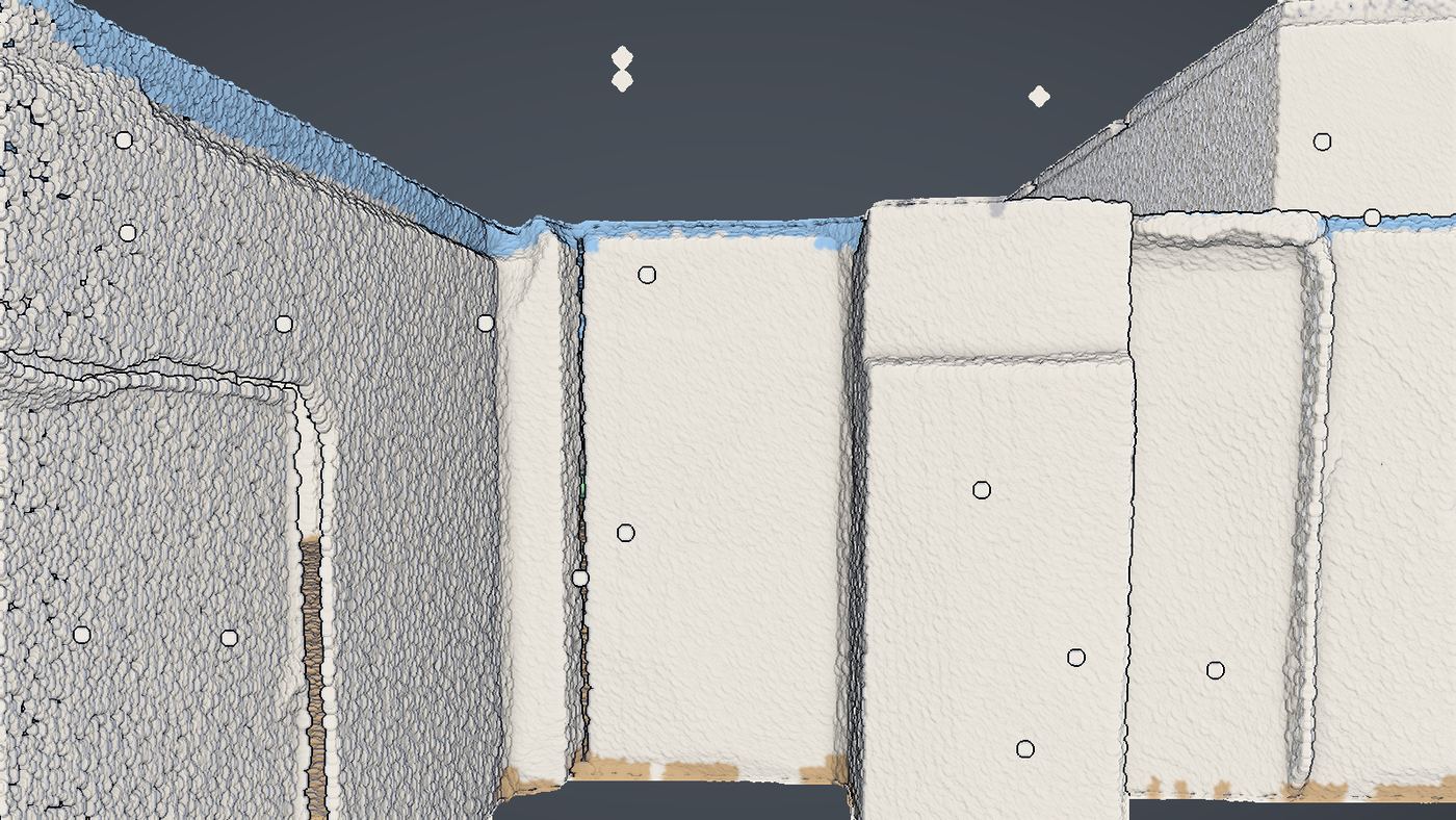 Corridor of an indoor scan semantically classified from the inside, ceiling in blue, walls in white, floor in tan