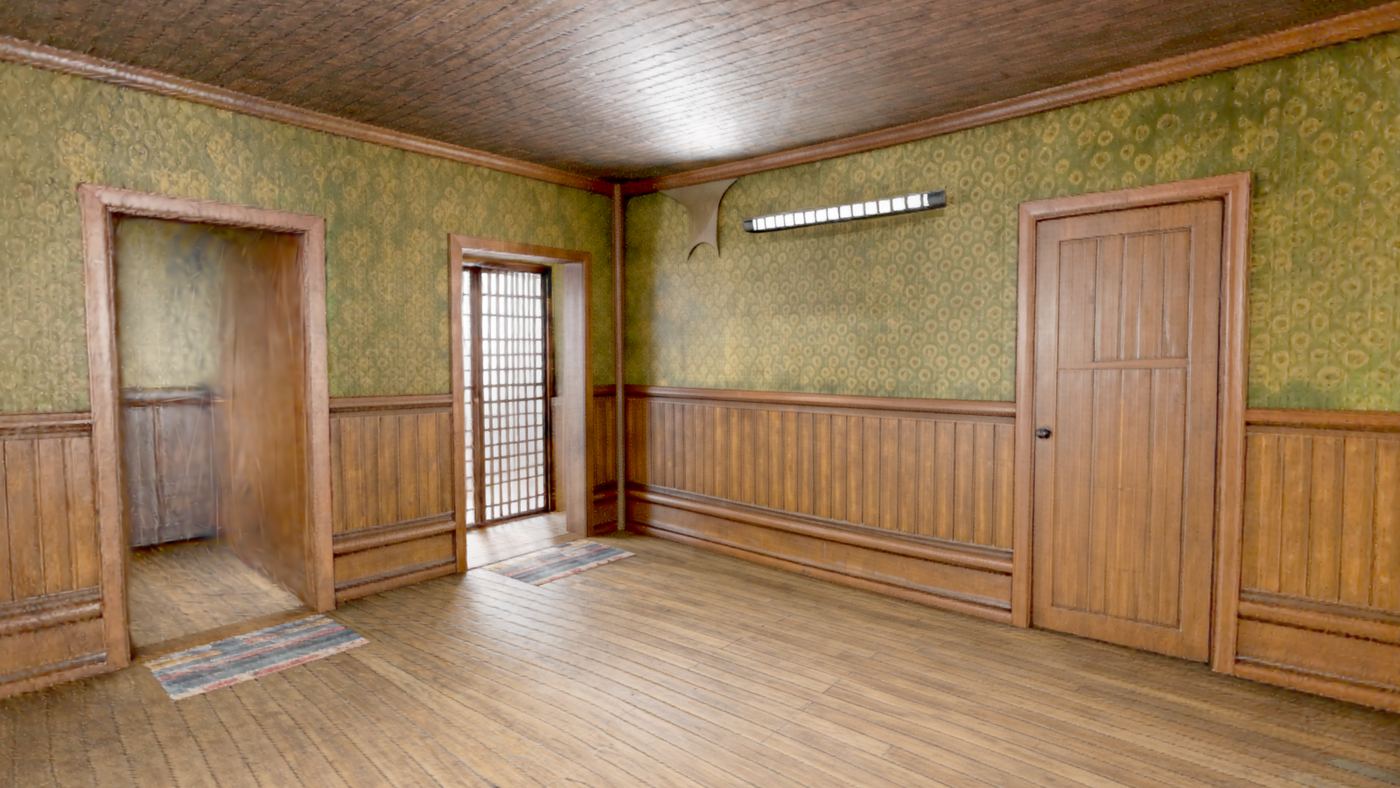 Photoreal interior of an abandoned room with wood panelling and green wallpaper, rendered from 3D Gaussian splats