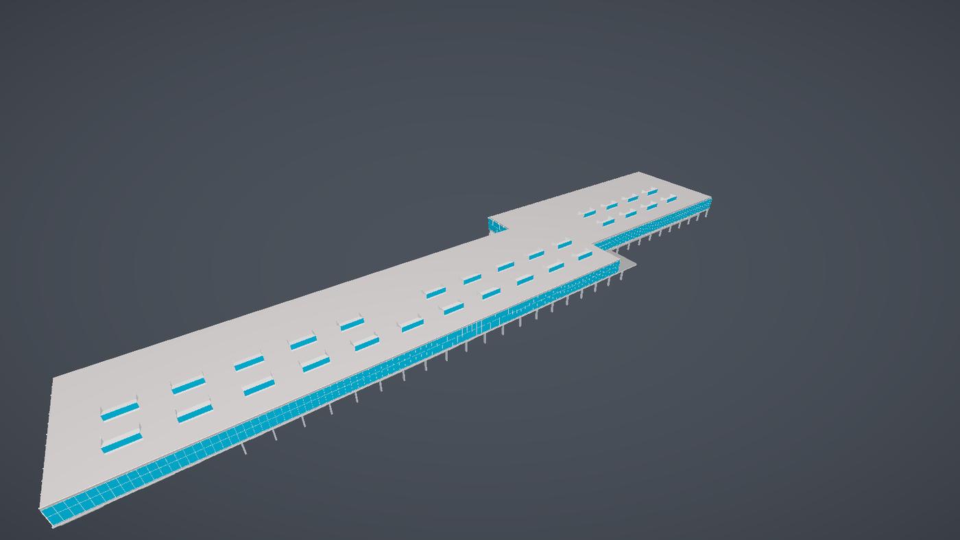 Complete IFC building model on pilotis columns seen from above, meshed by the pure-Rust BIM importer