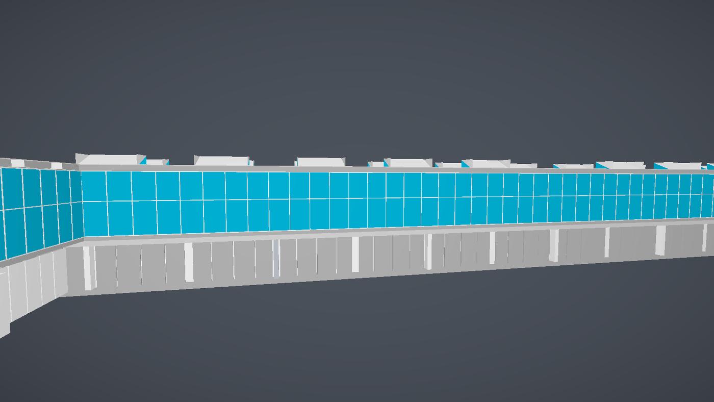 Close-up of the IFC curtain wall with individual glass panels and mullions resolved