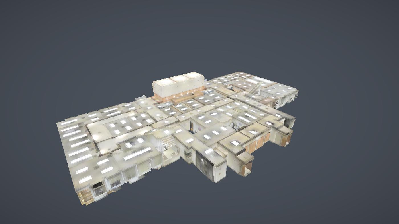 Indoor scan voxelized at 256 cells across, rooms and skylights readable