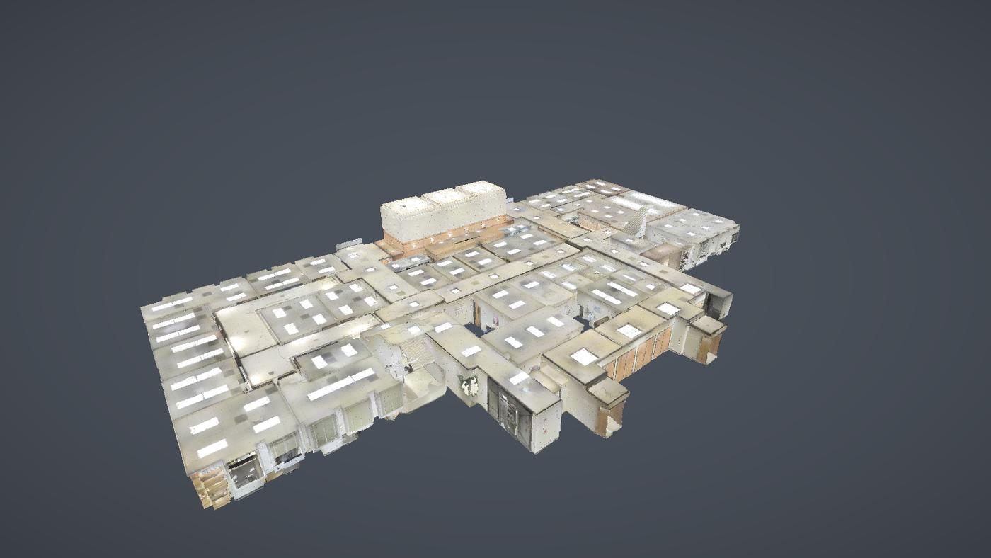 Indoor scan voxelized at 1024 cells across, fine architectural detail in blocks