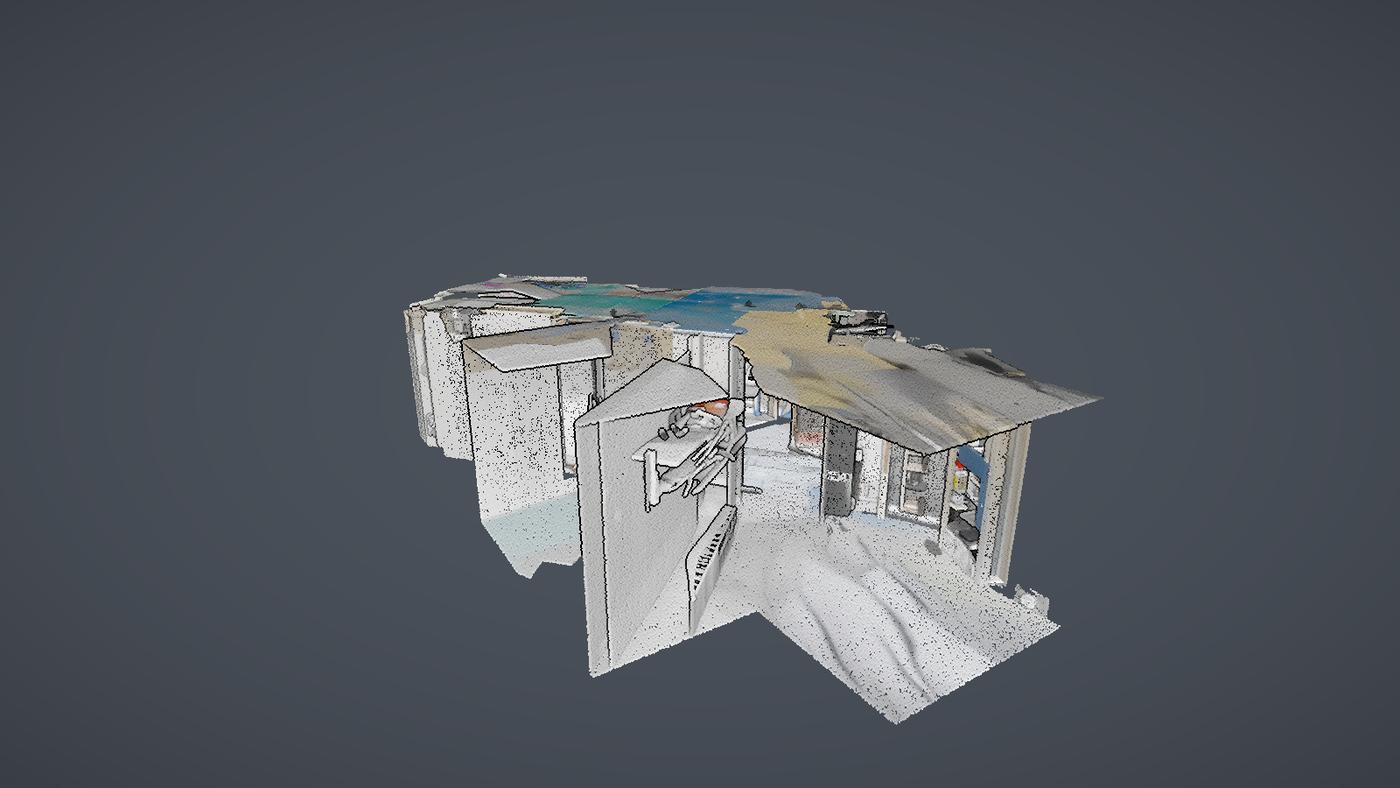 Doll-house view of a room reconstructed from a phone video, rendered as a point cloud