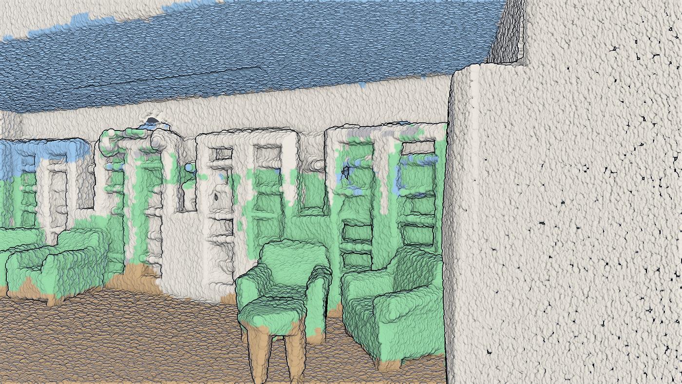 Lounge inside the scan with armchairs classified as furniture in green, floor tan, ceiling blue, walls white
