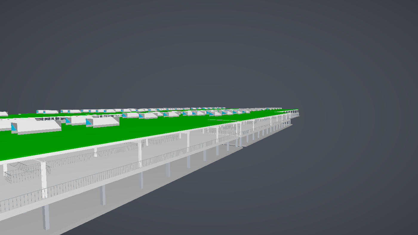 Four copies of a building composed from one referenced USD layer, two of them placed through native instancing