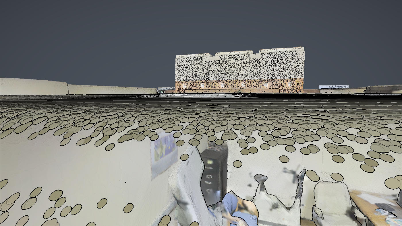 Close view of photoreal Gaussian surfels where individual points blend into smooth surfaces