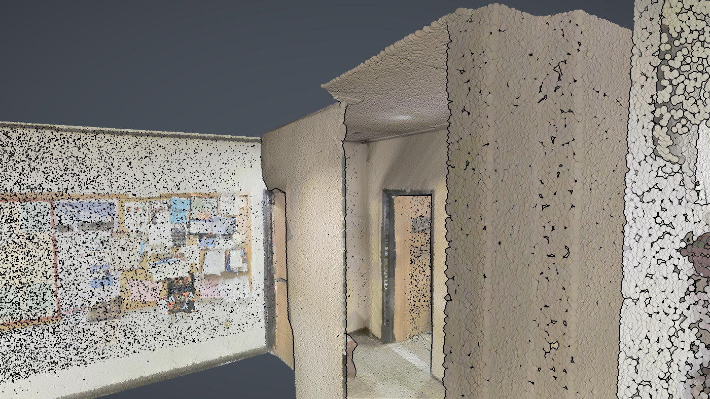 Point of view from inside the scanned building, standing among the points
