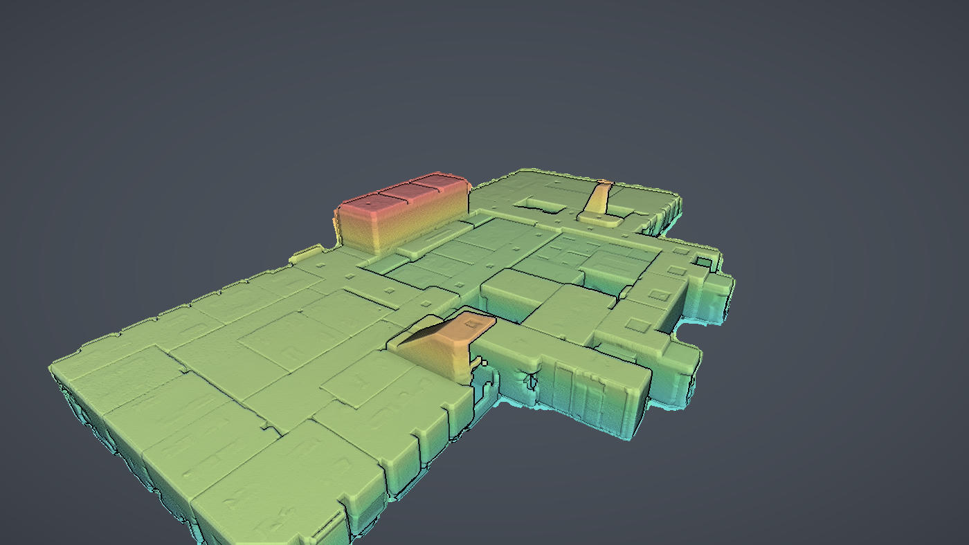 The same interior scan coloured by elevation from floor to ceiling