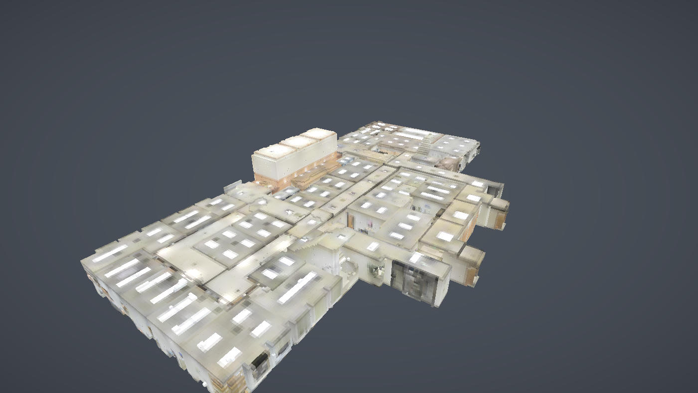 The interior scan voxelised into a block world at 260 voxels across