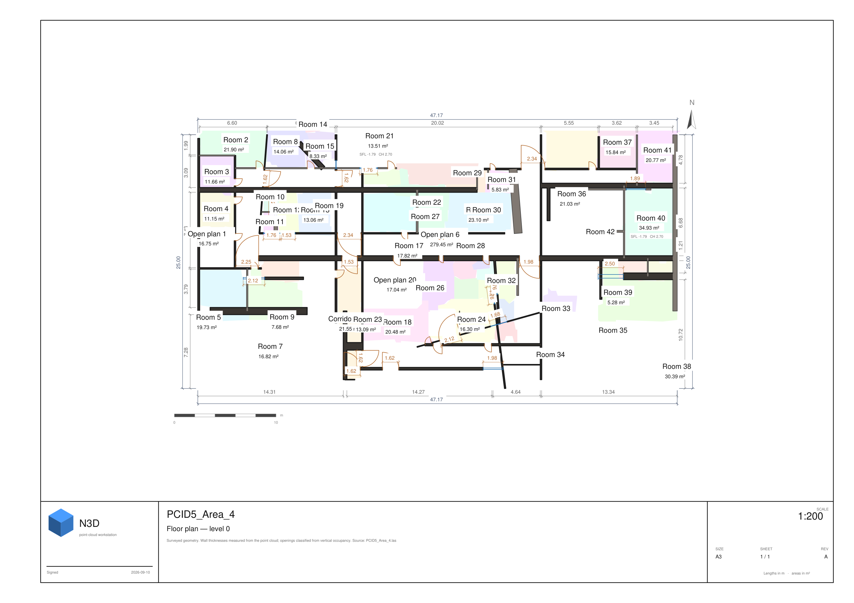 A dimensioned floor plan drawn automatically from a point cloud