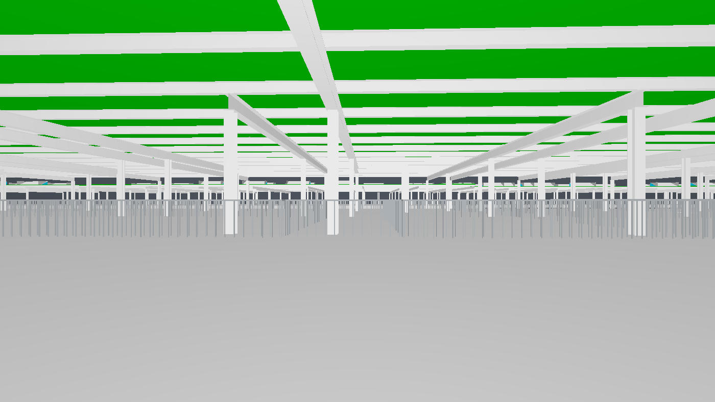 A second interior view of the composed USD stage looking along the structure between rows of columns