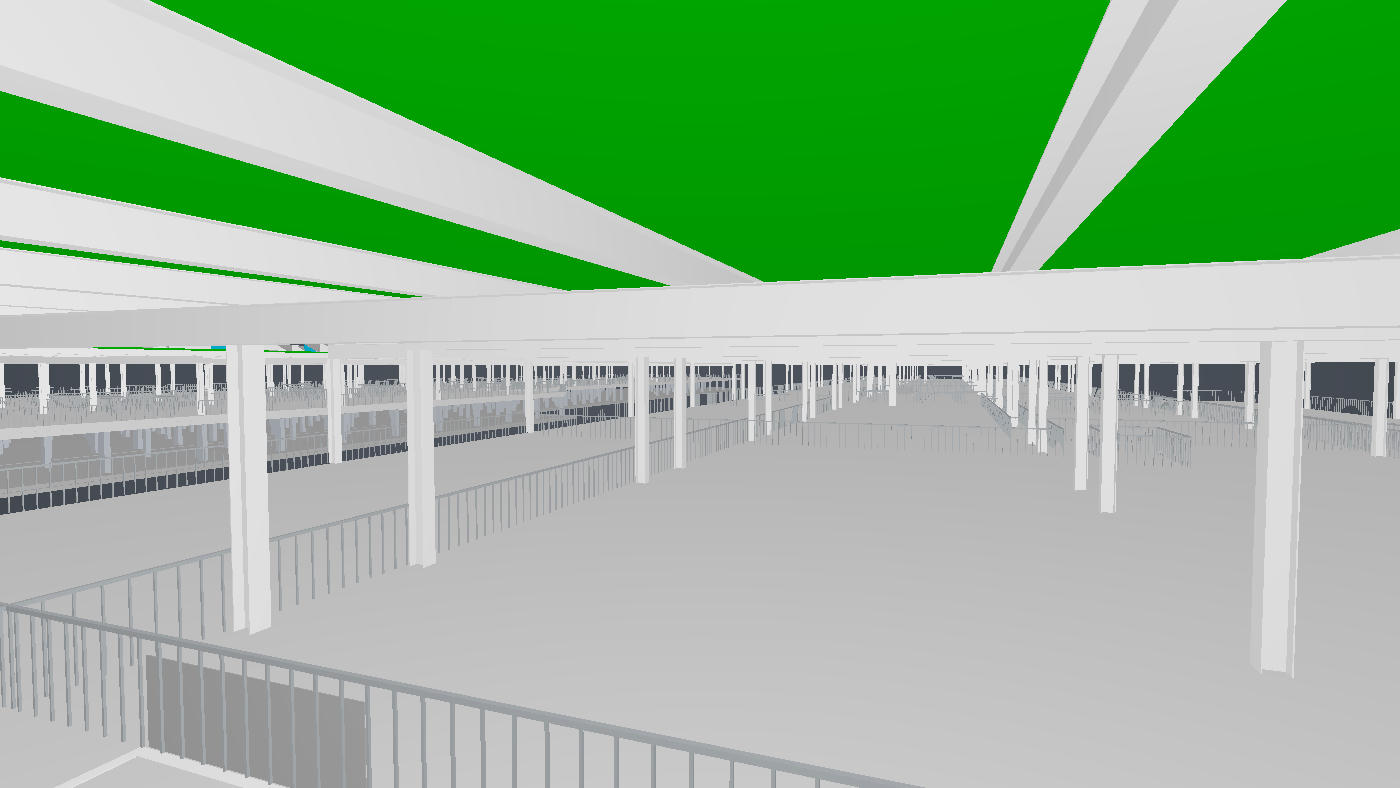 Standing inside the composed USD stage, on a deck between columns with beams overhead and the slab above
