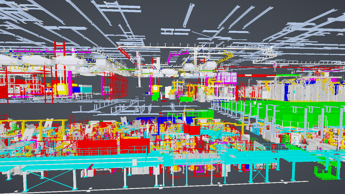 Wide interior view inside the composed production hall showing the plant equipment under the roof structure