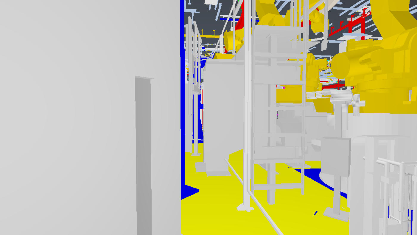 Ground level inside the production hall: robot cells behind safety fencing, walkways, stairs and floor markings