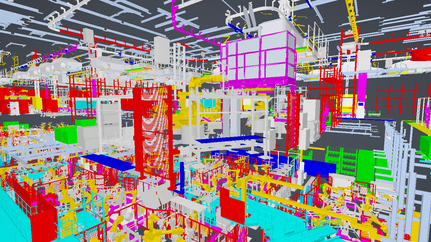 Inside a production hall composed from 38 USD layers: robots, gantries and conveyors