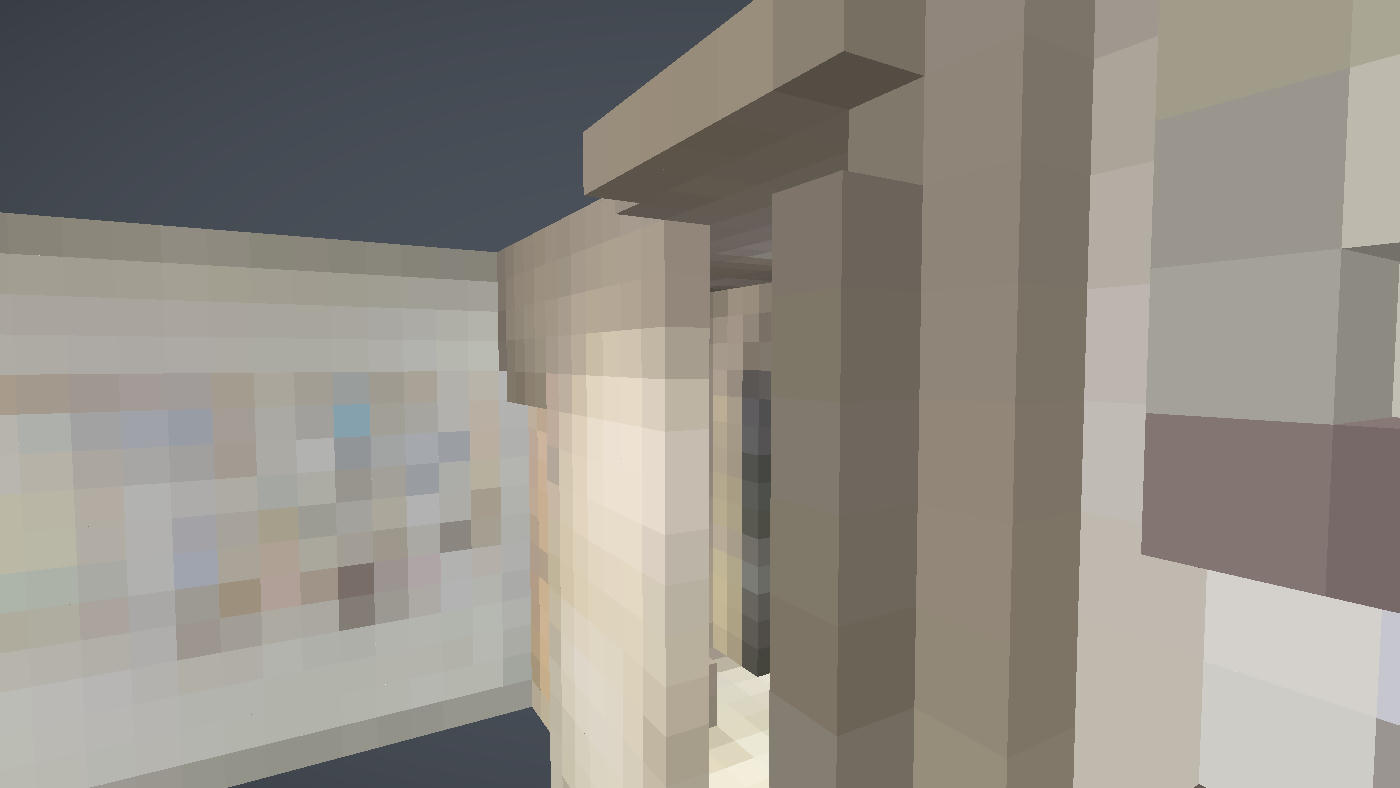 First-person view inside a voxelised office floor: a doorway, a column and a noticeboard built from blocks