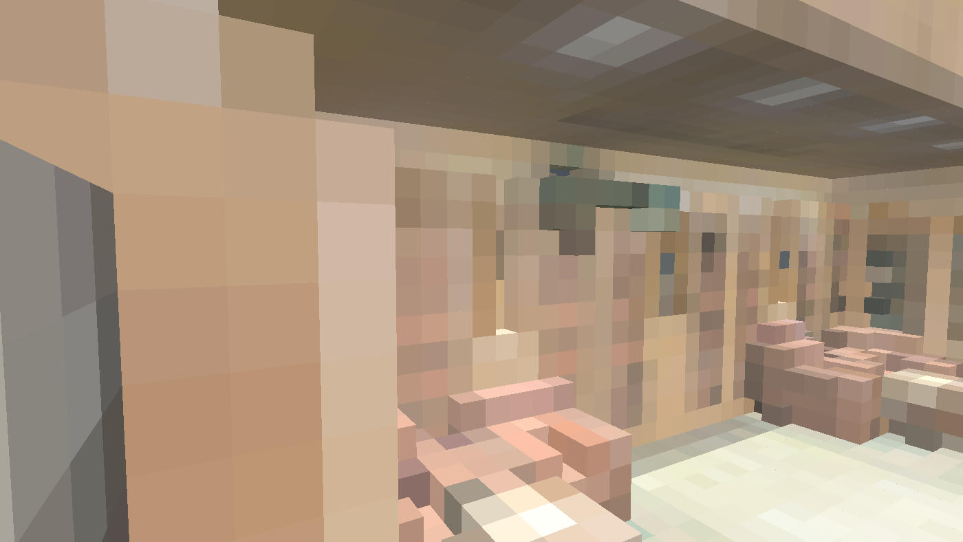 First-person view inside a voxelised room, the chairs and wall panels kept as coloured blocks