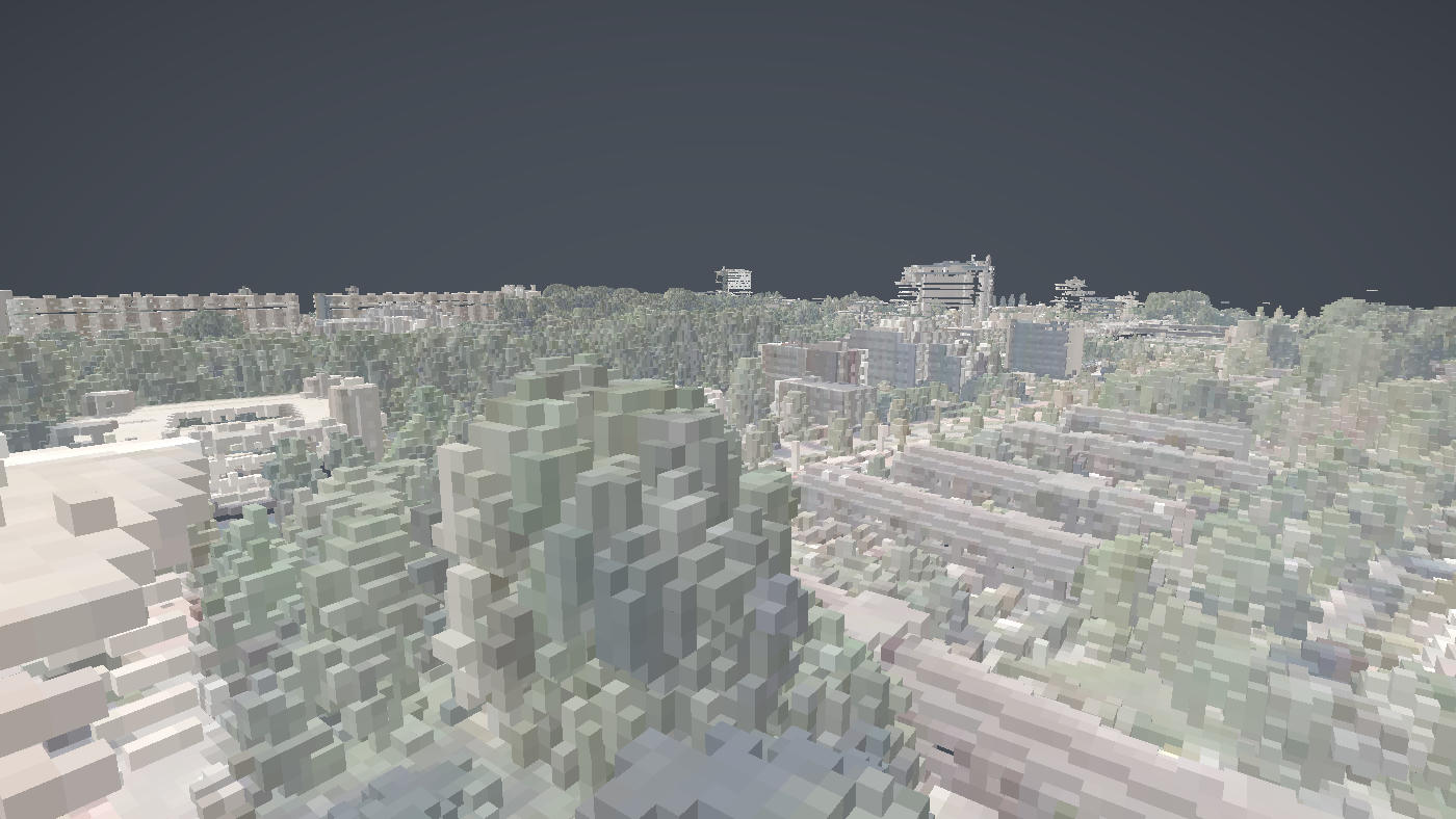 A Dutch city block from national aerial LiDAR rendered as blocks, buildings and street trees seen from low above the street
