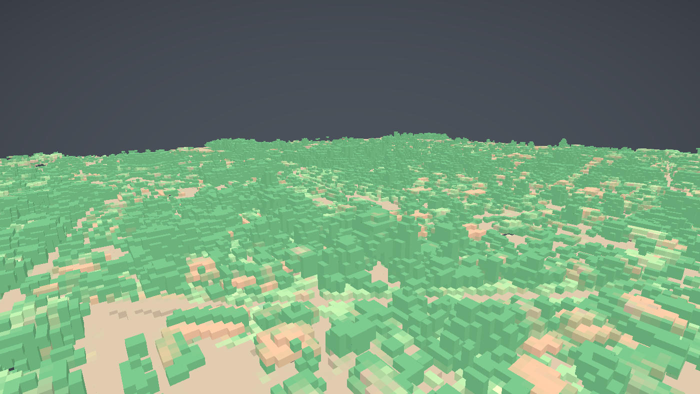 A French town from IGN LiDAR HD, classified into ground, vegetation and buildings and then voxelised, each block in its class colour