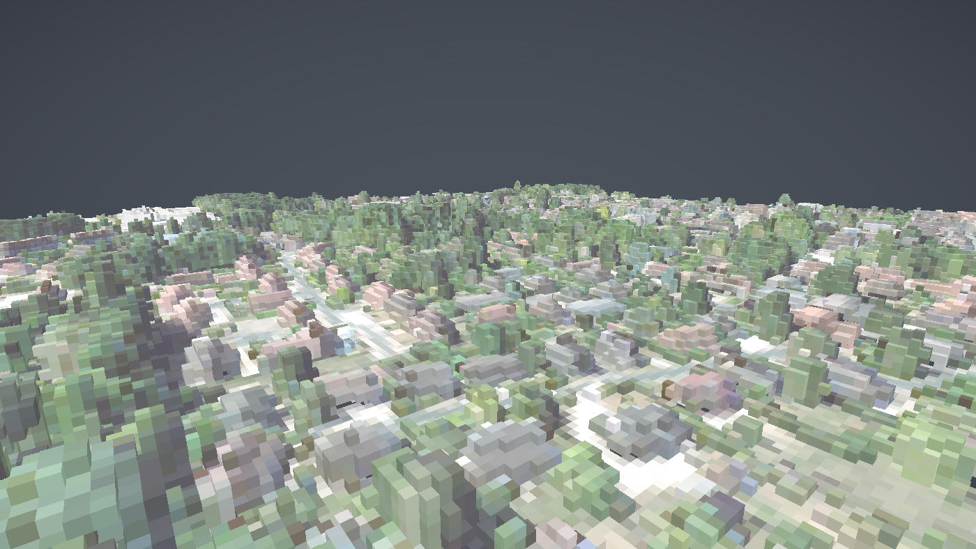 An urban IGN LiDAR HD extract voxelised in its own colours, houses, gardens and streets as blocks