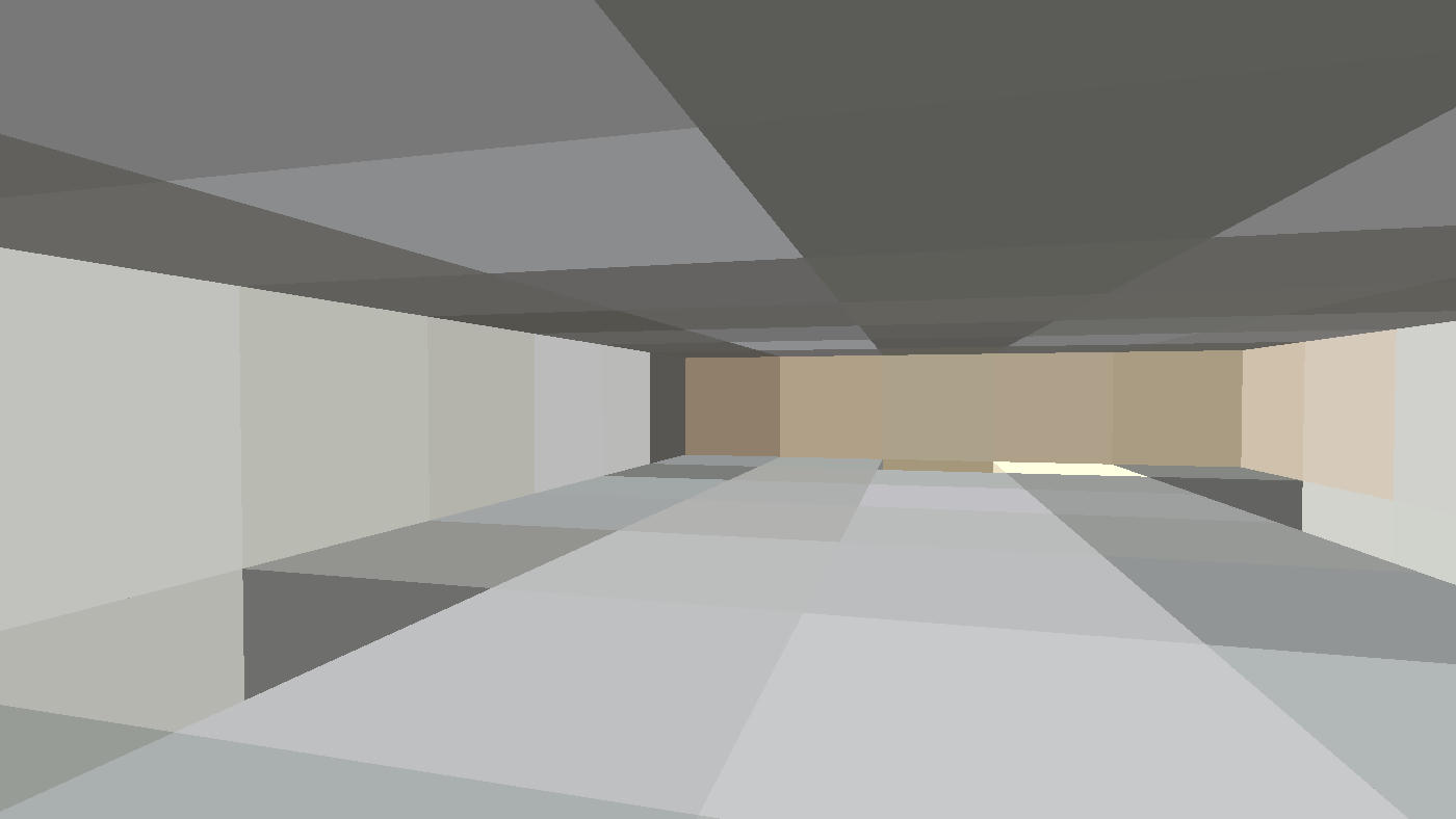 A meeting room inside the office scan seen at 64 voxels across: walls, floor and ceiling as a few large blocks