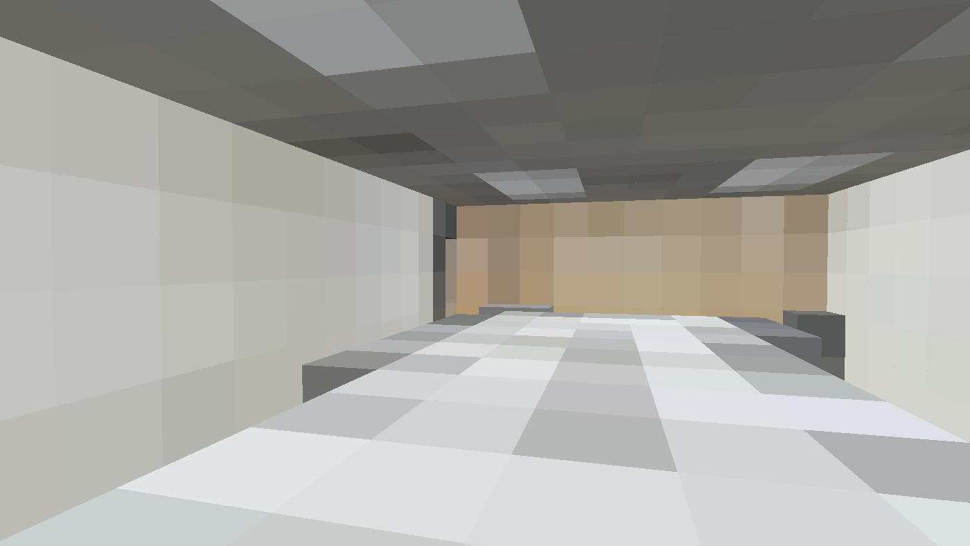 The same meeting room at 128 voxels across: the table and the far wall appear
