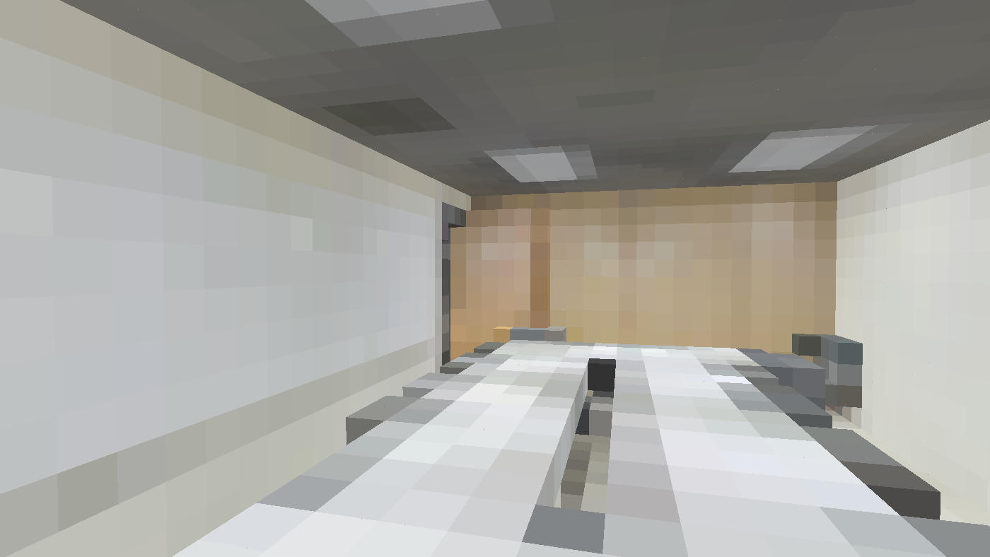 The same meeting room at 256 voxels across: chairs, ceiling lights and the door