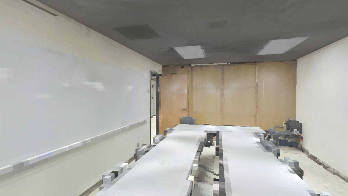 The same meeting room at 1024 voxels across: the whiteboard, the chair backs and the table edge resolved