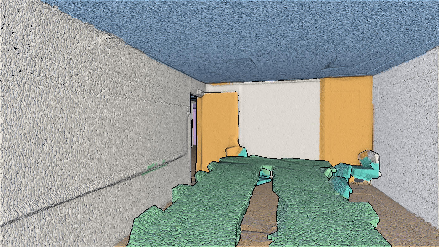 Inside a meeting room of the office scan, classified: the table, the chairs, walls, ceiling and door each in their class colour
