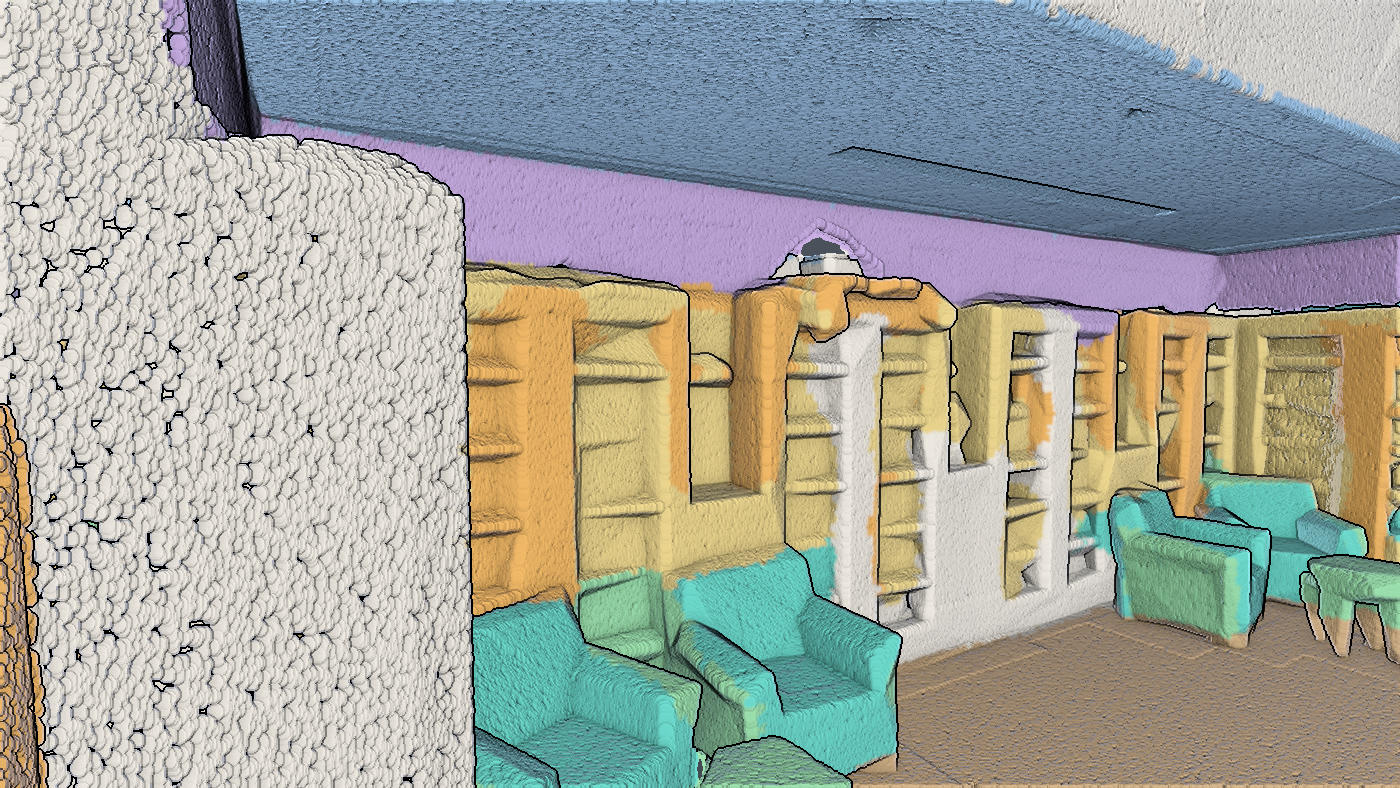 A lounge in the office scan, classified: armchairs as seats, shelving as storage, the ceiling and walls in their own colours