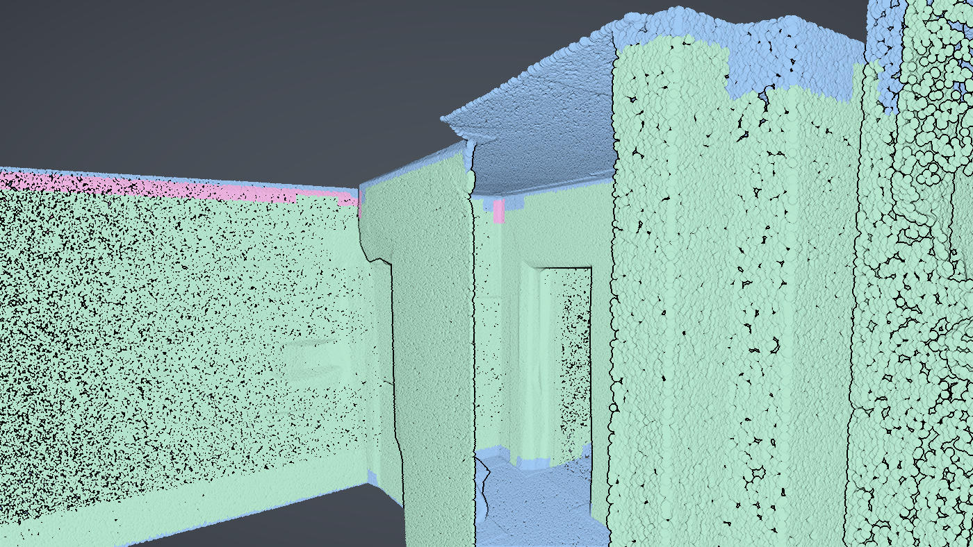 A doorway in the office scan coloured by primitive kind: vertical planes, horizontal planes and clusters