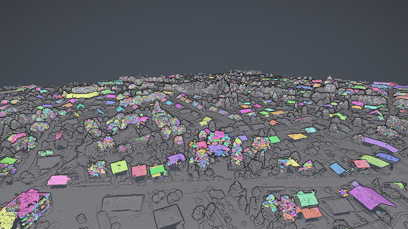 A village in IGN LiDAR HD with every building and tree coloured as a separate object