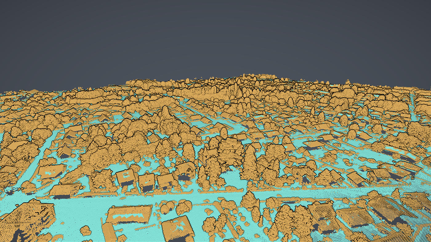 A village in IGN LiDAR HD separated into ground and off-ground by cloth simulation