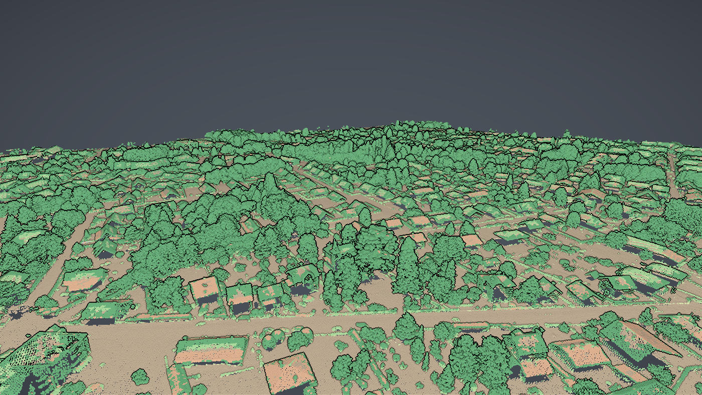 A village in IGN LiDAR HD aerial data classified by the Outdoor model into ground and vegetation strata