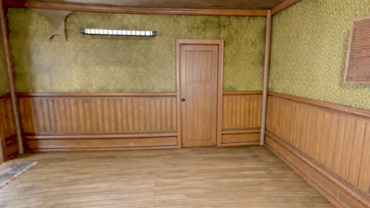 Animated full turn inside a photoreal Gaussian splat room, rendered frame by frame by the engine