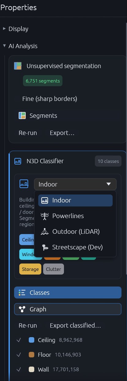 The N3D Classifier card: the model chooser with Indoor, Powerlines, Outdoor (LiDAR) and Streetscape, the class palette, and the class legend with counts and show or hide boxes