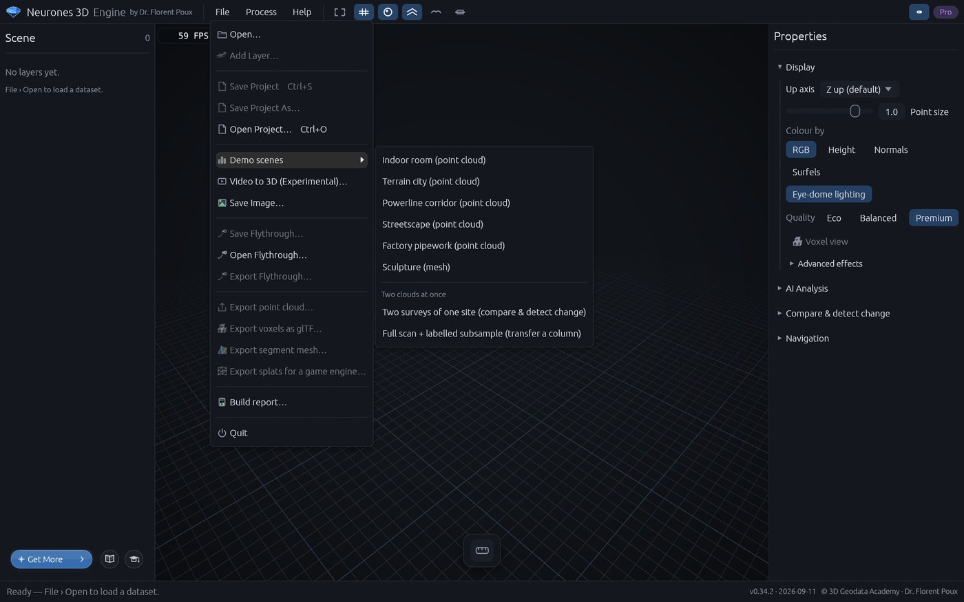 The Demo scenes menu of Neurones 3D: indoor room, terrain city, powerline corridor, streetscape, factory pipework and sculpture, and two pairs of clouds for comparison and transfer