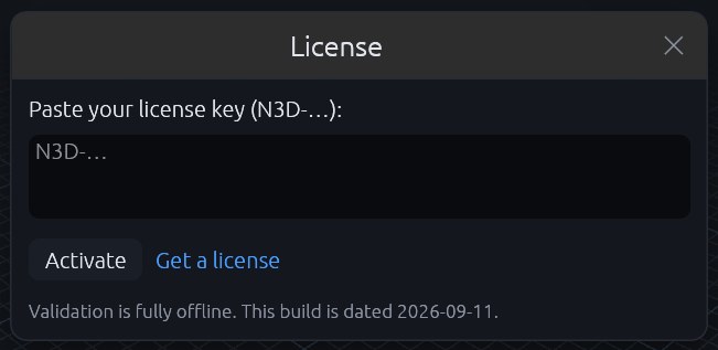 The License window of Neurones 3D, where a licence key starting N3D- is pasted and activated offline