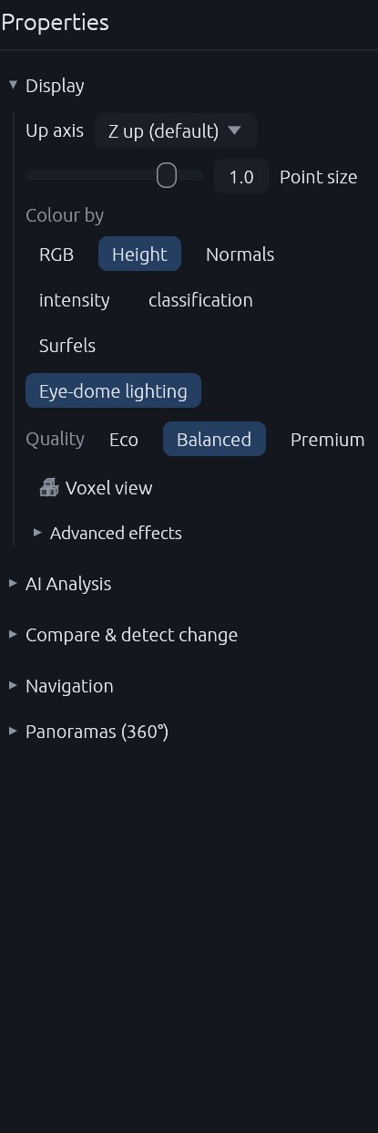 The Properties pane of Neurones 3D with the Display card open: point size, colour by RGB, Height or a scalar field, surfels, eye-dome lighting, the Eco, Balanced and Premium quality presets and the voxel view