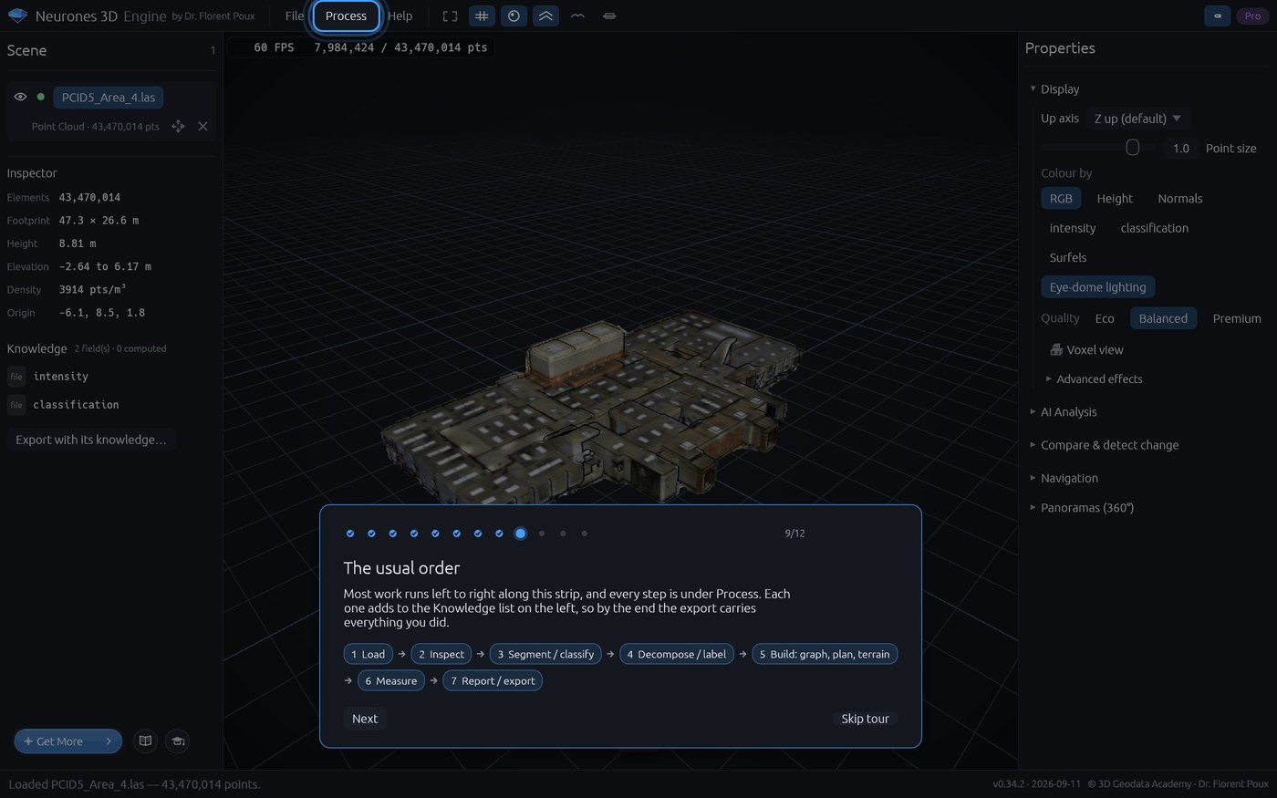 Step nine of the Neurones 3D guided tour, The usual order: Load, Inspect, Segment or classify, Decompose or label, Build, Measure, Report or export