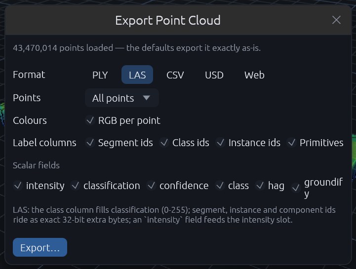 The Export Point Cloud window with LAS chosen: points, colours, label columns for segment, class, instance and primitive ids, scalar fields, and the note on how LAS stores them