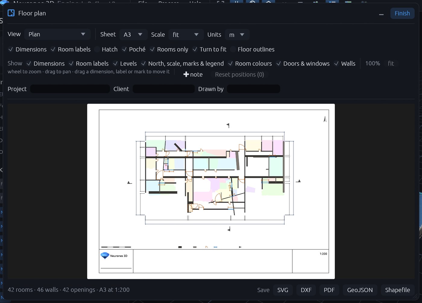 The Floor plan window: view, sheet, scale and units, the drawing and layer switches, the dimensioned A3 sheet of 42 rooms, 46 walls and 42 openings, and the SVG, DXF, PDF, GeoJSON and Shapefile buttons