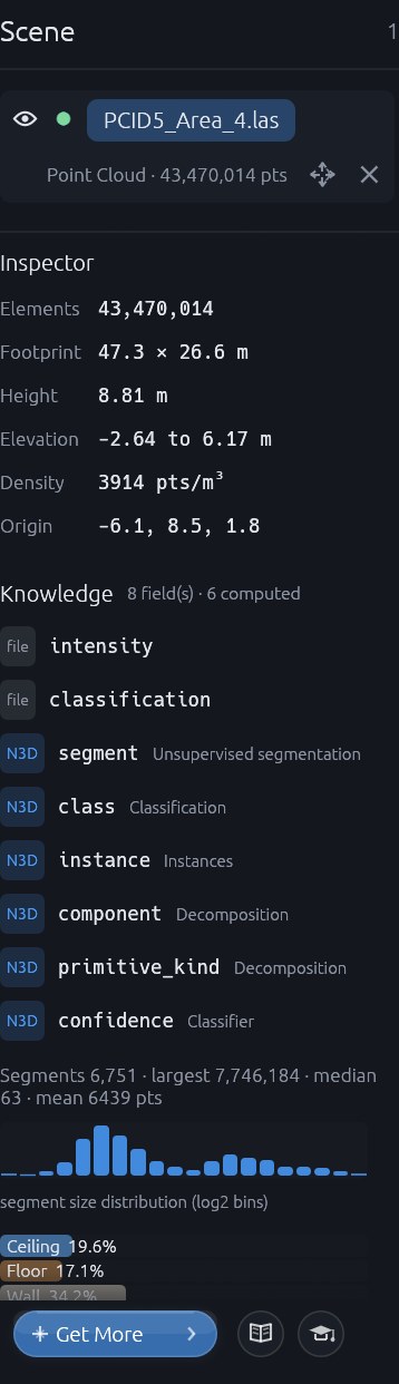 The Inspector and Knowledge sections: footprint, height and elevation of the selected layer, then every column tagged as from the file or computed by N3D, with class and primitive distributions