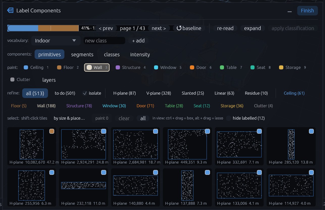 The Label Components grid: a page of component tiles, the vocabulary chooser, one paint chip per class, the refine filters and the bulk selector, with Minimise and Finish in the title row