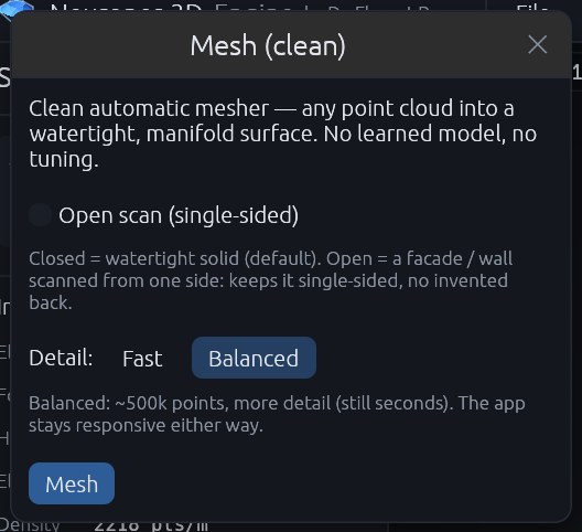 The Mesh (clean) window: closed or open scan, detail Fast or Balanced, and the Mesh button