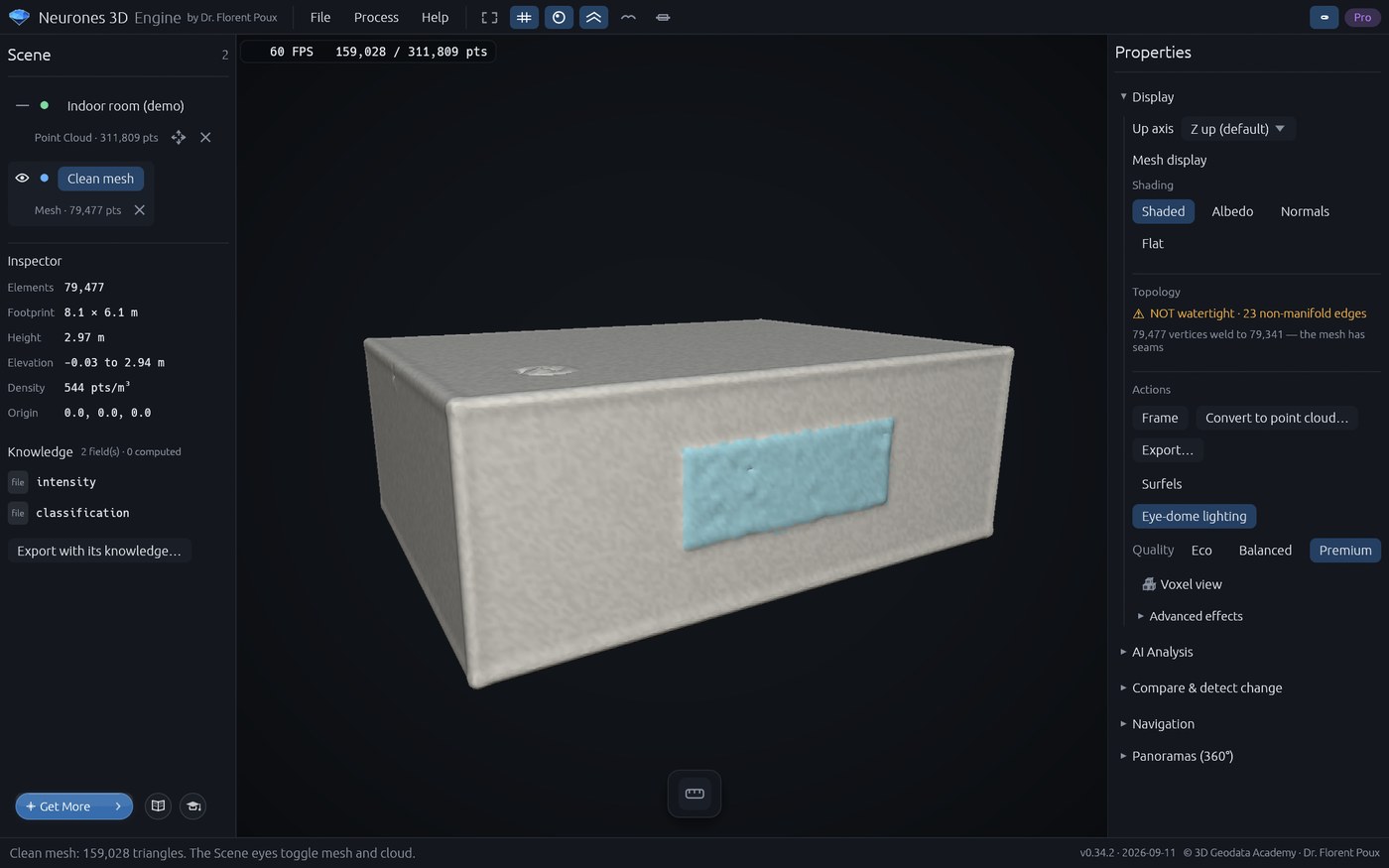 A clean mesh of the demo room, shaded, with the Topology line in the Properties pane reporting that it is not watertight and how many edges are non-manifold