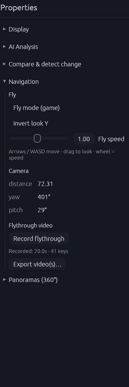 The Navigation card: fly mode, invert look, fly speed, the camera's distance, yaw and pitch, and the flythrough video recorder
