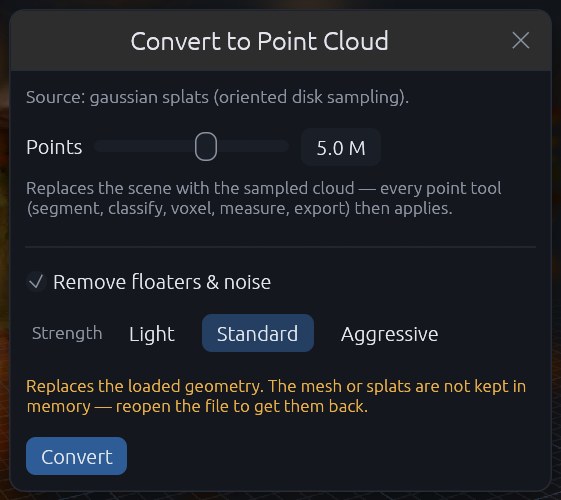 The Convert to Point Cloud window: source line, a points slider set to 5 million, and the option to remove floaters and noise